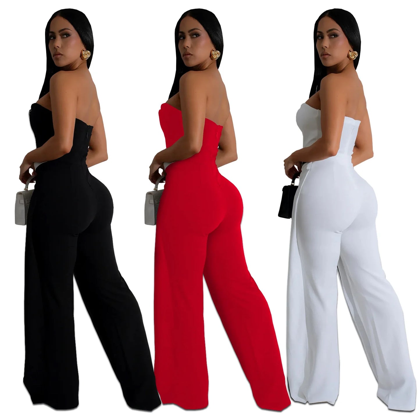 Elegant Sleeveless Wrap Chest Women's Button Strapless Irregular Jumpsuits 2025 One PieceWide Leg Outfits Night Club Streetwear.