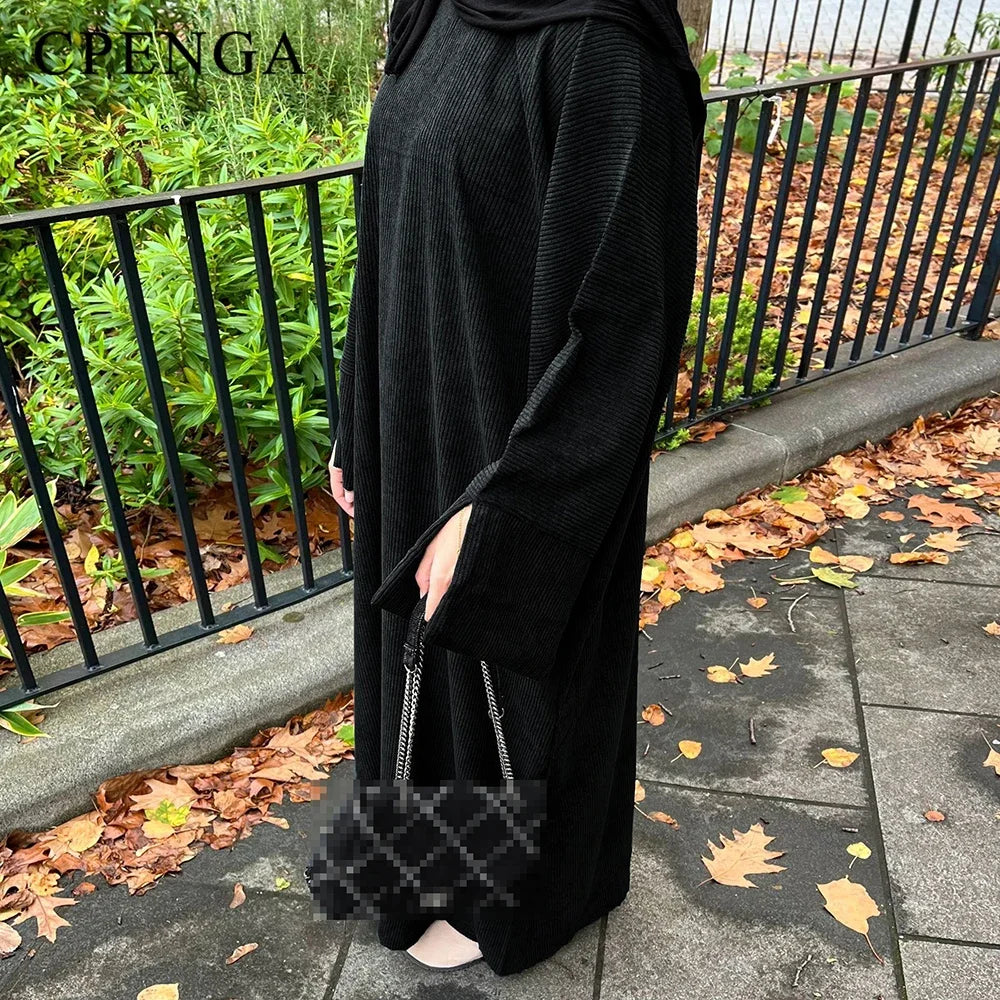 Warm Winter Abayas Muslim Women Corduroy Abaya 2023 New Modest Dress Thicked Solid Color Long Robe Female Islam Clothing.