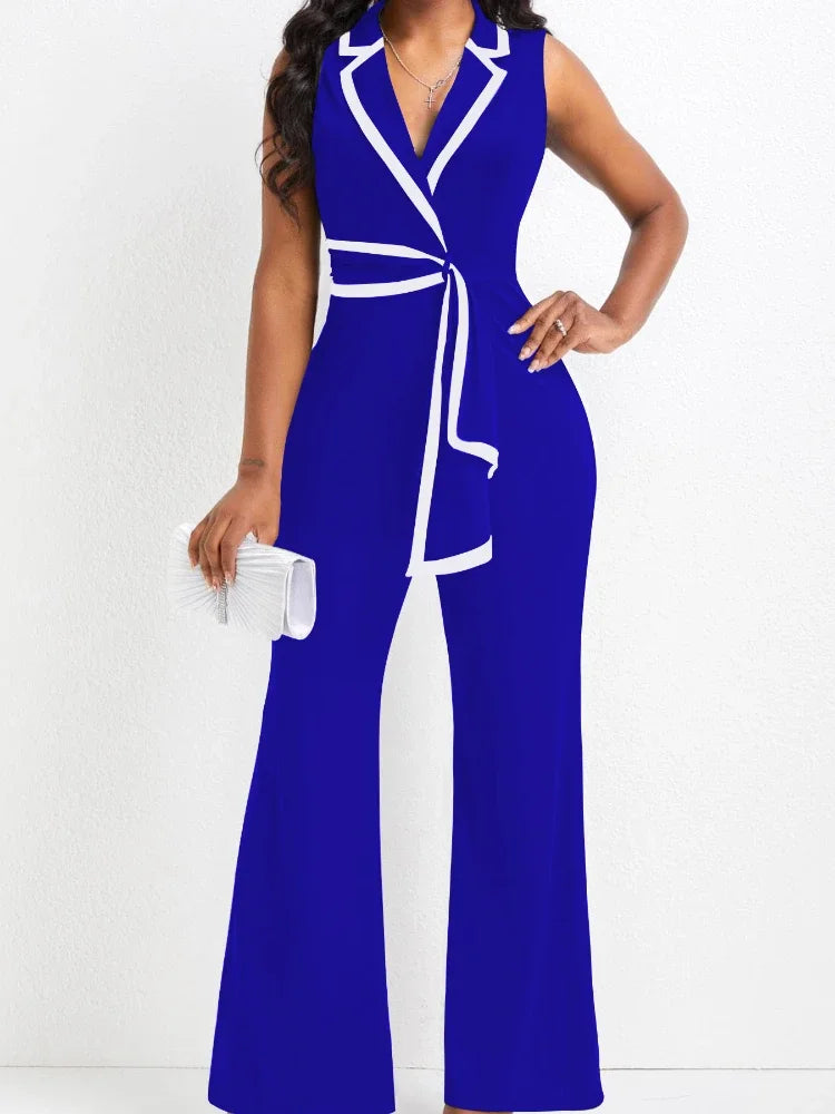 Women's Overalls Outfits Full Length New Fashion 2025 Summer V Neck Elegant Sleeveless Office Lady Jumpsuit Wide Leg Pants