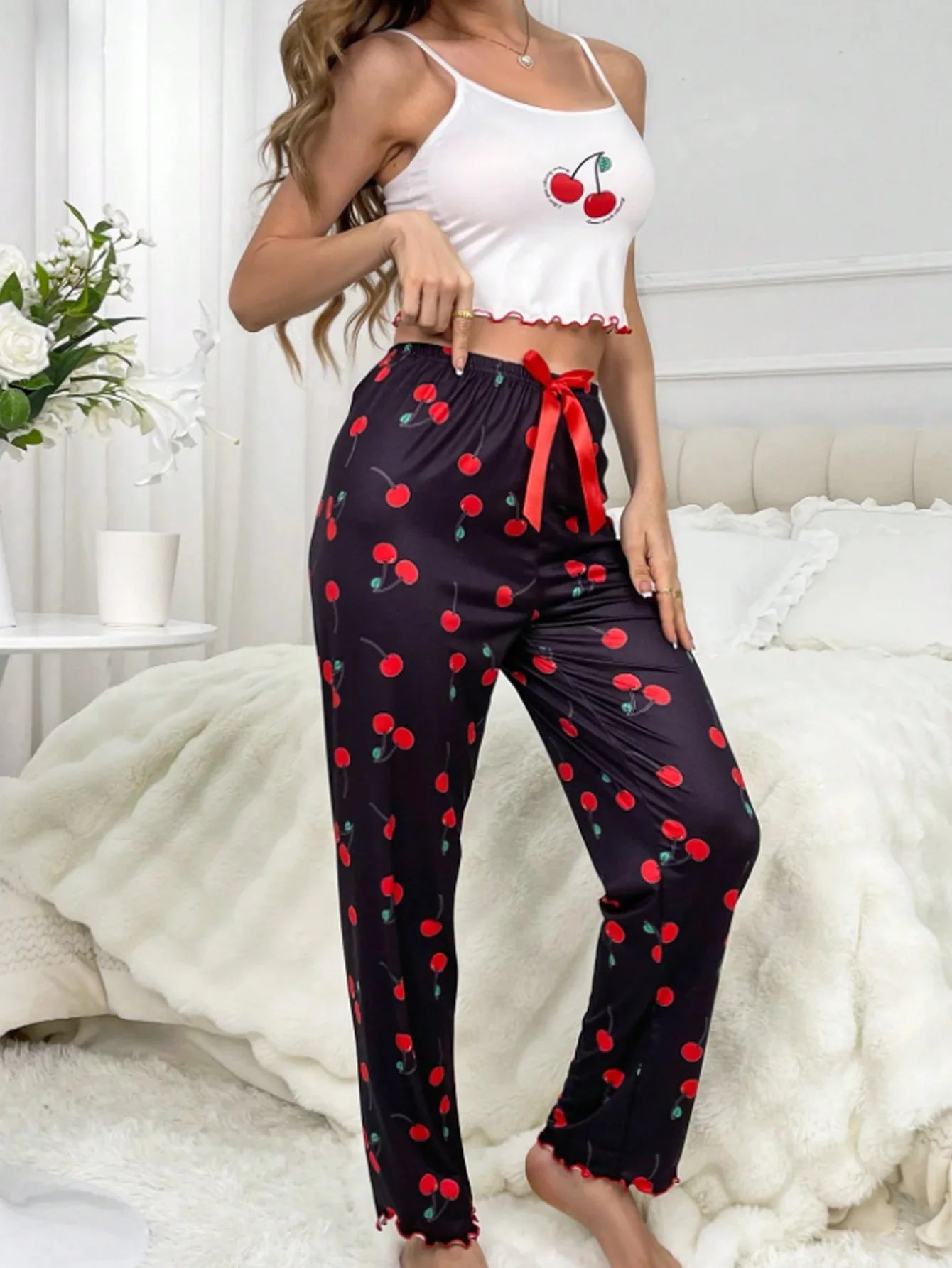 Y2K Coquette Cherry Print Pyjama Set Damen Cami Crop Top Hosen Zweiteilige Nachtwäsche Loungewear Sommer Frühling Herbst Outfits.