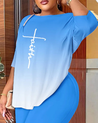 Autumn Women's Clothing New Fashion Print Sexy Backless Round Neck Five Quarter Sleeve Pants Two-piece Casual Comfortable Set.