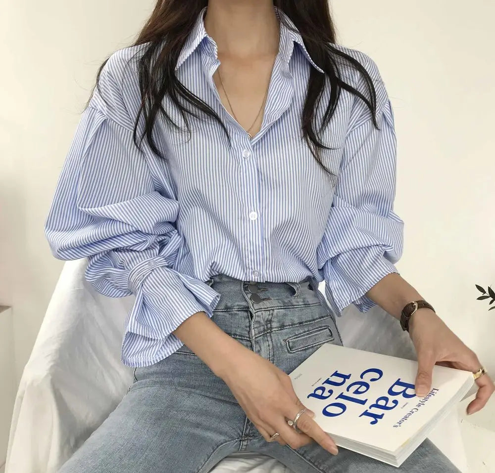 oose Stripe Women Shirts 2025 Fashion Lapel Collar Long Sleeve Shirt Elegant Classic Top.