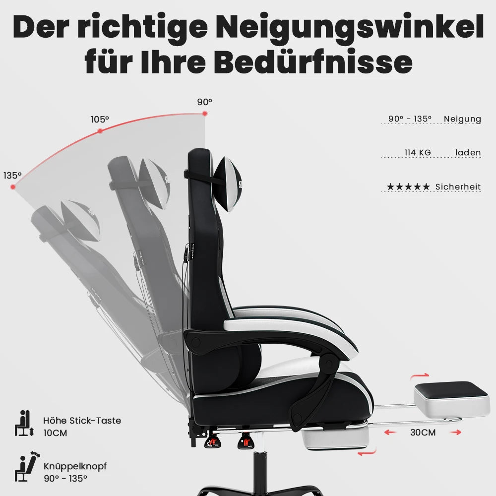 SUKIDA Ergonomischer Racing-Gaming-Stuhl, verstellbar, drehbar, mit Kopfstütze und Lordosenstütze für Büro und Gaming
