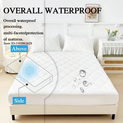Waterproof Throw Mattress Cover Bed Fitted Sheet Mattress Bedspread Protector Pads Single/Double/King/Queen Full Size Gray/White.