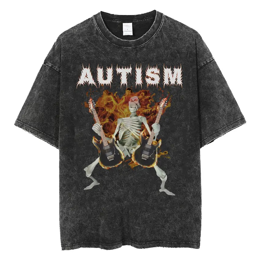 Autism Skeleton Meme T Shirt Human Funny Skull Men Women Harajuku Gothic Vintage Washed T Shirts Oversized Casual Cotton T-shirt