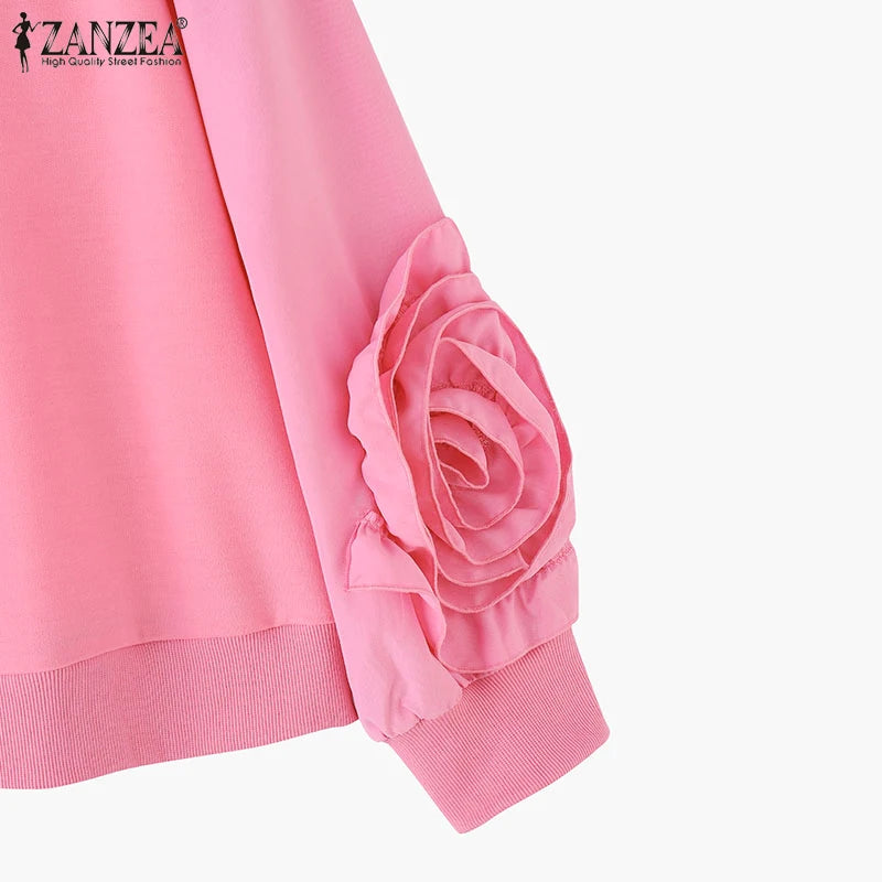 ZANZEA Plus Größe Frauen Solide Sweatshirts Herbst Rüschen Nähte Tops Vintage Oansatz Lässige Mode Lange Puff Sleeve Pullover