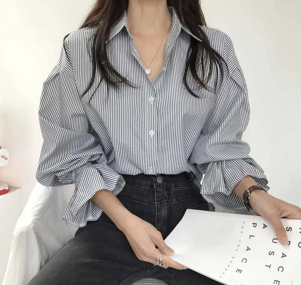 oose Stripe Women Shirts 2025 Fashion Lapel Collar Long Sleeve Shirt Elegant Classic Top.