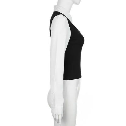 Fashionable and minimalist college style contrasting color lapel fake two piece T-shirt versatile short sleeved top.