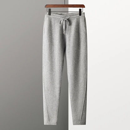 Thickened Four-Point Split Wear-Resistant 100% Cashmere Knitted Pants for Men with Pockets Elastic Waist Drawstring Slim Pants.