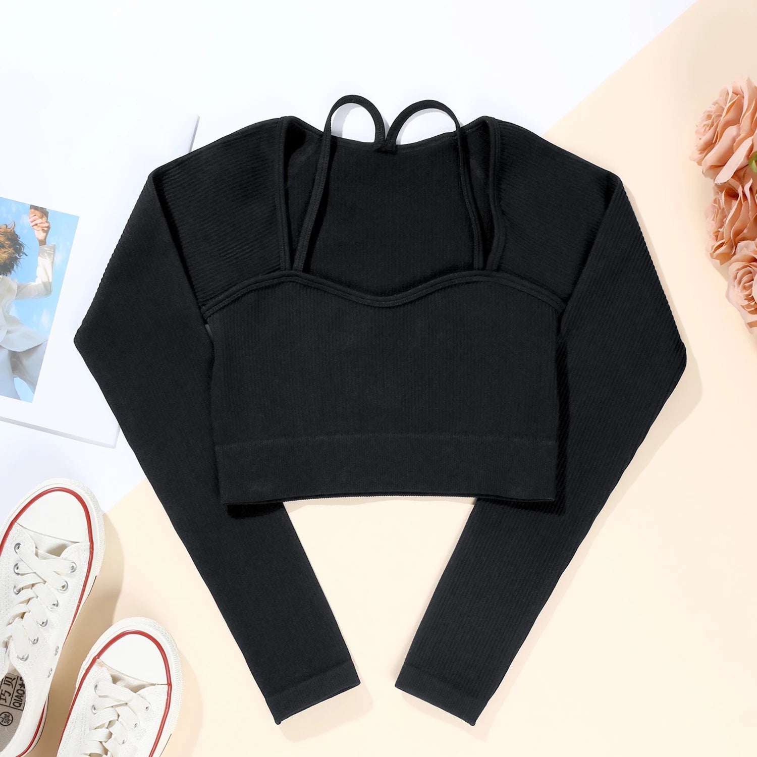 Women Screw Thread Small Sling Long Sleeve Fitness Crop Top Running Slim Fit Comfortable Sports Yoga Casual Fashion Tops.