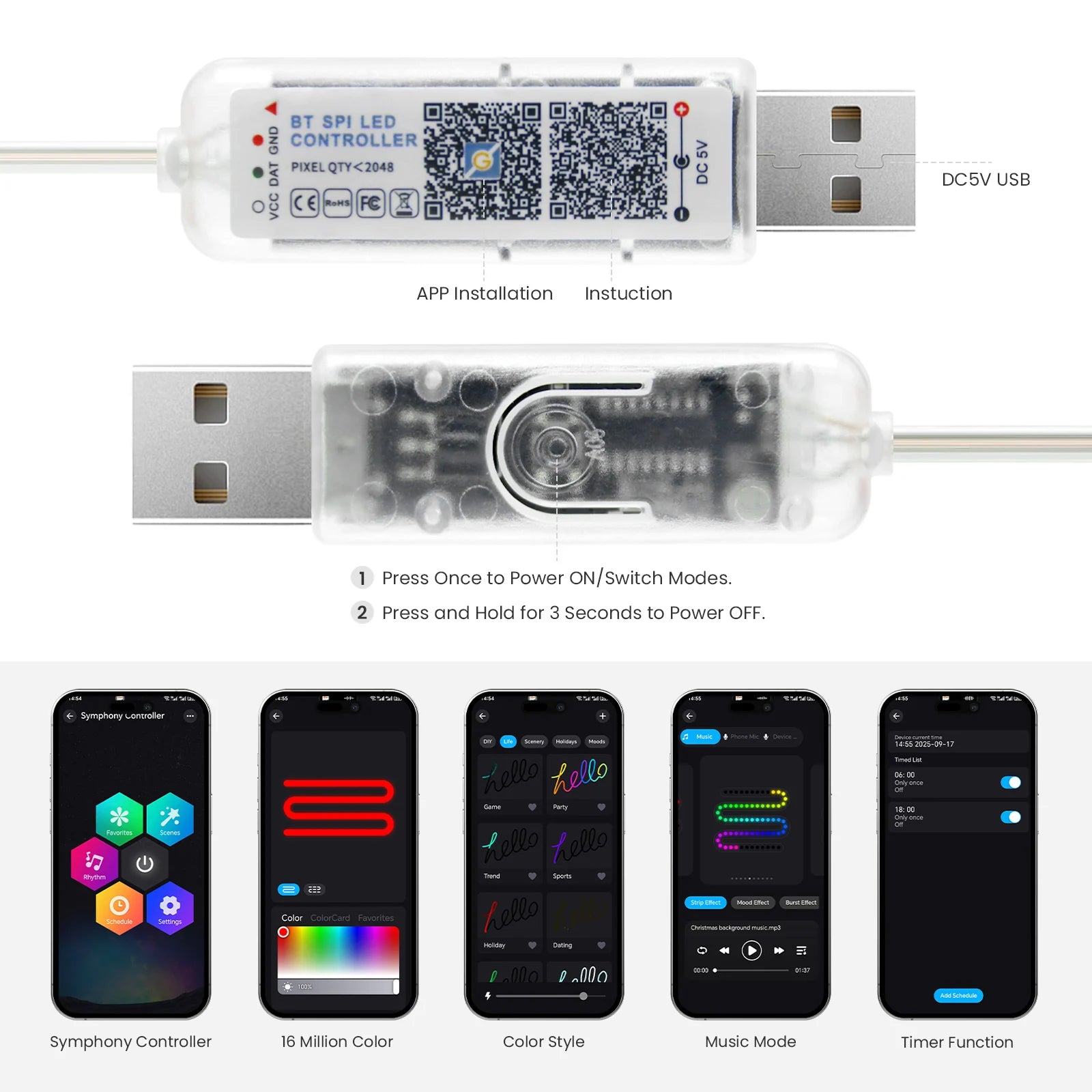 DC5V USB RGB LED Round Neon Light Strip Music Sync Control with App/Remote Addressable Lamp IP67 Waterproof for Indoor Outdoor.