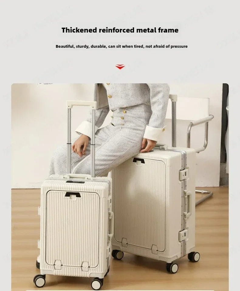 Vorne öffnender Rollgepäckkoffer mit großer Kapazität, Aluminiumrahmen, ABS + PC-Trolley, Koffer, USB-Lade-Boarding-Koffer