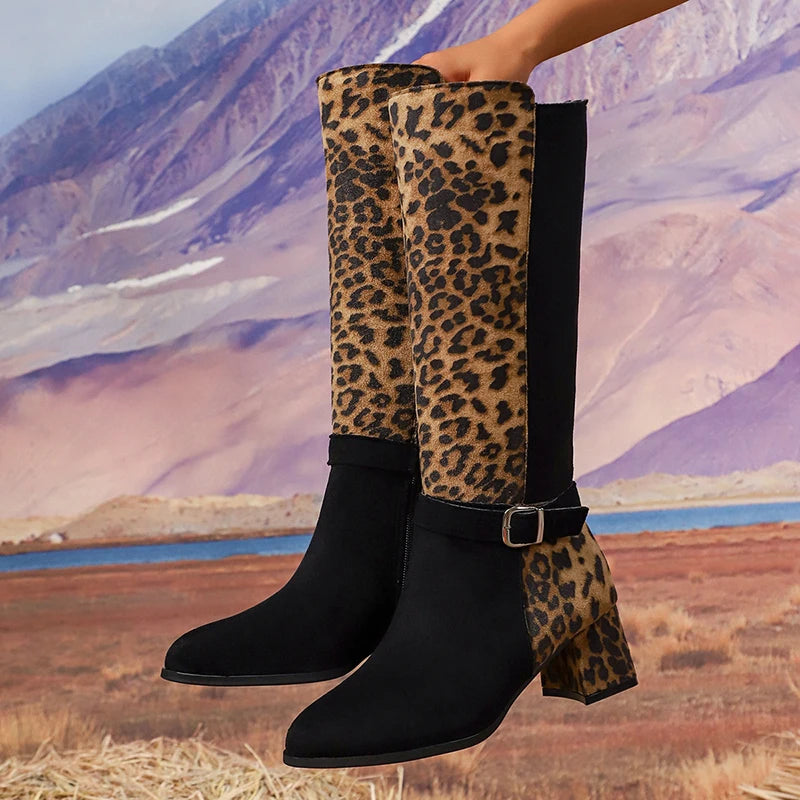 Plus Size 43 Leopard Print Women's Long Boots Mix Color Thick High Heels Boots Woman Autumn Winter Fashion Knee High Botas Mujer.