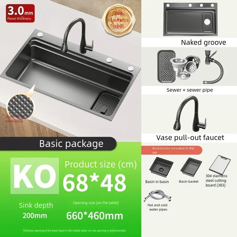 Black 304 Stainless Steel Kitchen Sink Household Multifunction Wash Dish and Vegetables Basin Large Single Slot Undermount Basin