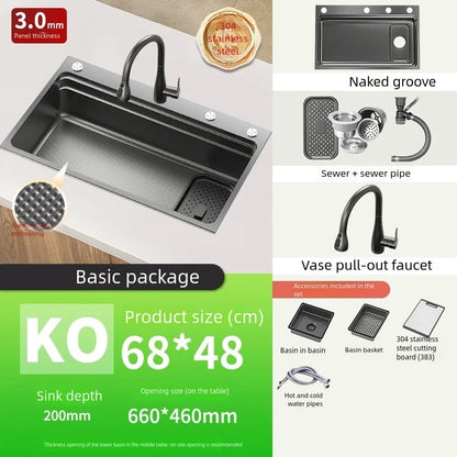 Black 304 Stainless Steel Kitchen Sink Household Multifunction Wash Dish and Vegetables Basin Large Single Slot Undermount Basin