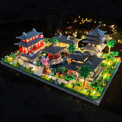 Lezi Architecture Ancient Pavilion Temple Tower Lake Garden Gate LED Light Model Mini Diamond Blocks Bricks Building Toy no Box.