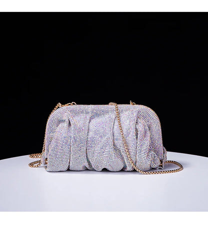 Premium Handmade Diamond-encrusted Clutch Bag Pleated Chain Rhinestone Cloud Clip Dinner Bag Single Shoulder Oblique Span Bolsos.