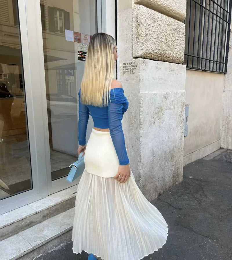 ETJ 2025 spring new  women's elegant fashion same color splicing small pleated hem high waist knit skirt.