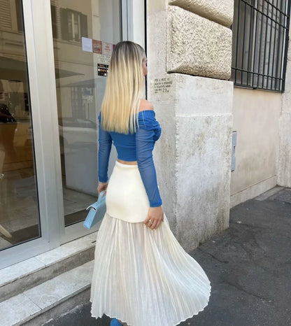 ETJ 2025 spring new  women's elegant fashion same color splicing small pleated hem high waist knit skirt.