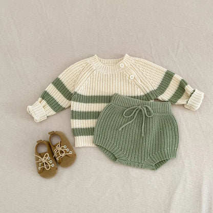 Baby-Pullover für Herren und Damen, neue Herbst-Stile für Säuglinge und Kleinkinder, gestreifte Strickoberteile und Hosen-Sets.