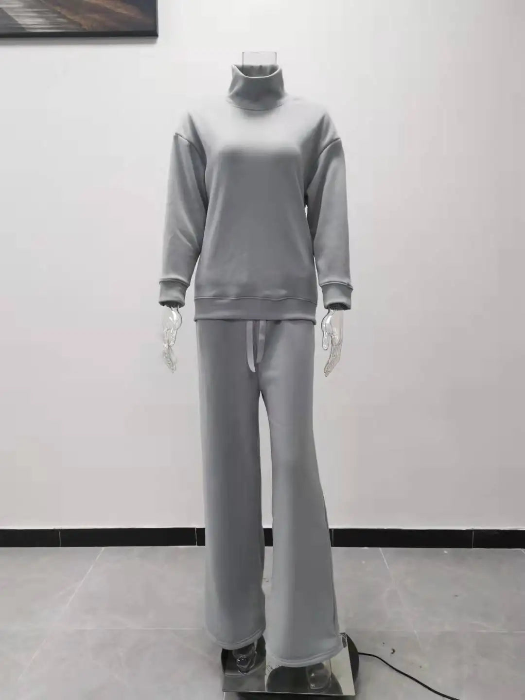 Autumn and Winter Women's New Knitted Fashion Casual Suit Two-piece High-neck Long-sleeved Top + Drawstring Wide-leg Pants Y2k.