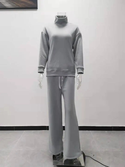 Autumn and Winter Women's New Knitted Fashion Casual Suit Two-piece High-neck Long-sleeved Top + Drawstring Wide-leg Pants Y2k.