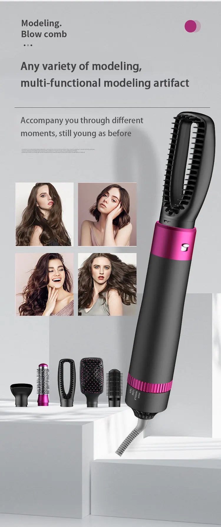 HOMEFISH 5 in 1 Hair Dryer Brush Hot Air Brush & Volumizer Styler Set with Interchangeable Brush Head Negative Ionic Blow Dryer.
