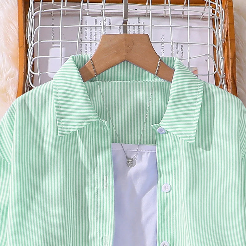 Spring Hot Sale Kids Outfit 4-12 Years Girls Striped Long Sleeve Chemise + Casual Loose Straight Leg Pants Shirt Suit 2Pcs Set