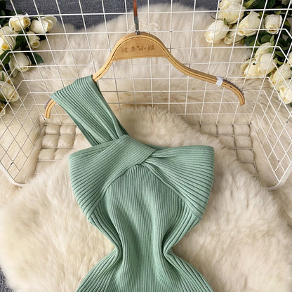 SINGREINY Einzelnen Schulter Tinte Stricken Kleid Backless Tank Gestreiften Schlank Bodycon Sommerkleid Frauen Sommer Beachwear Sexy Chic Vestidos