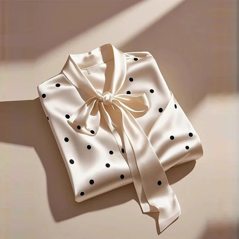 Elegant High Quality Satin Polka Dot Print Shirt Women Office Lady Business Casual Chic Blouse Lace-up Bow Long Sleeve Loose Top.