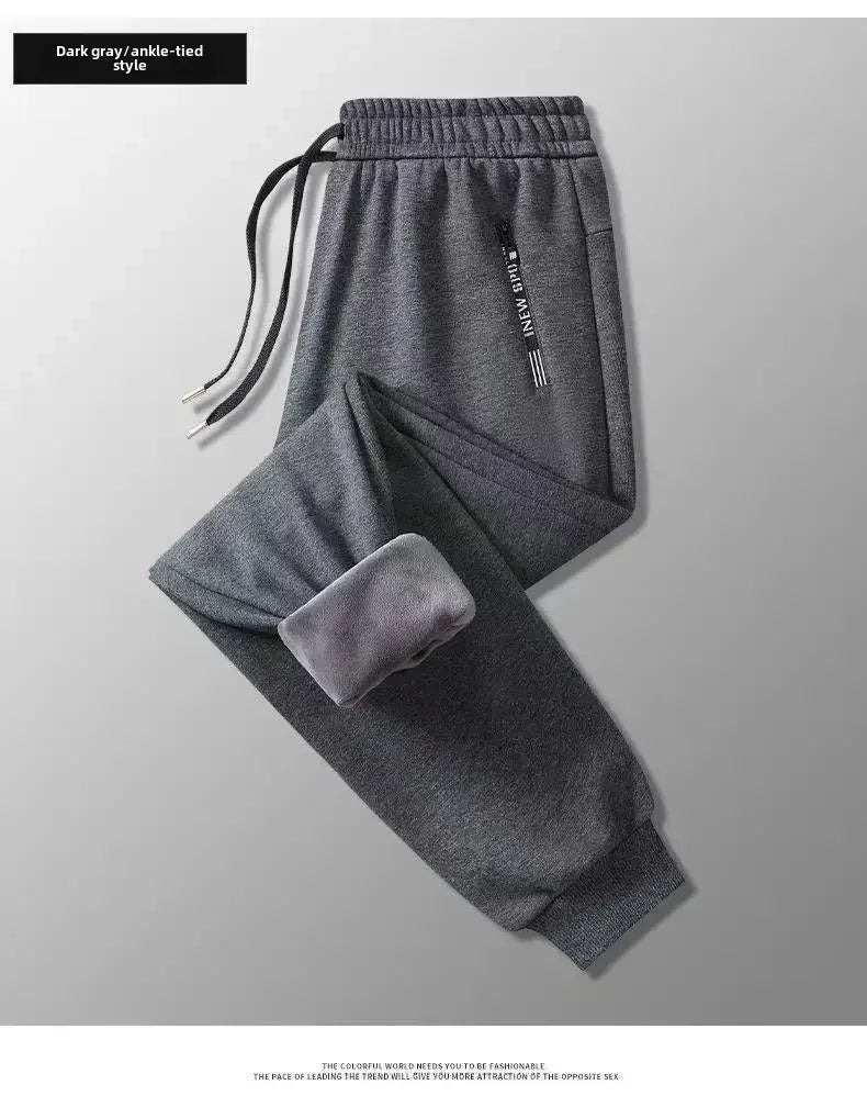 Autumn Winter Men's Loose-fit Casual Straight-leg Pants Fleece-lined Thickened Bunded Feet Sweatpants Trendy Male Style.