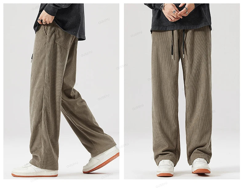 OUSSYU Brand Autumn Winter Men's Stripe Corduroy Pants Elastic Waist Drawstring Straight Thick Outdoors Loose Casual Trousers