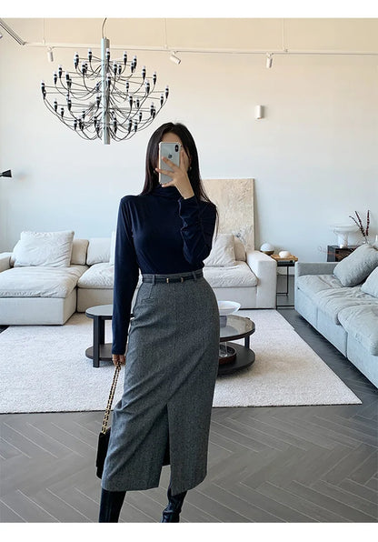 Gray Pencil Skirts Belted Elegant Women Slim Office Ladies Casual A-Line High Waist Split Midi Skirt Autumn Winter.