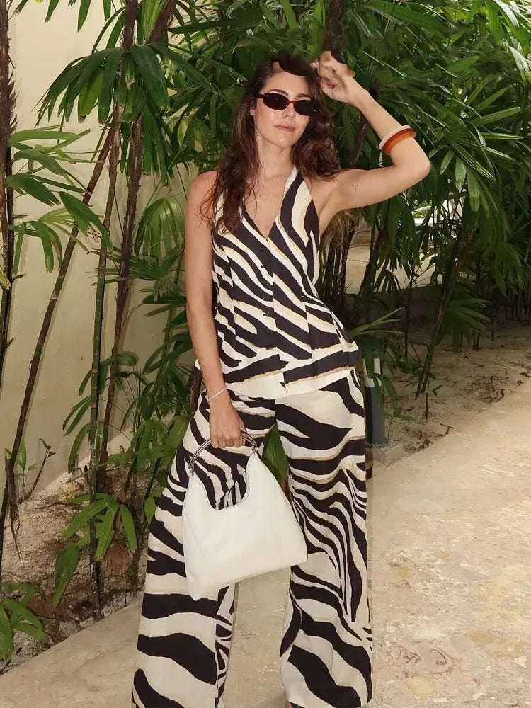 HH Women Pants Suit Fashion Zebra Stripes Single Breasted Sexy Sleeveless V-Neck Top+High Waist Zipper Casual Wide Leg Pants.