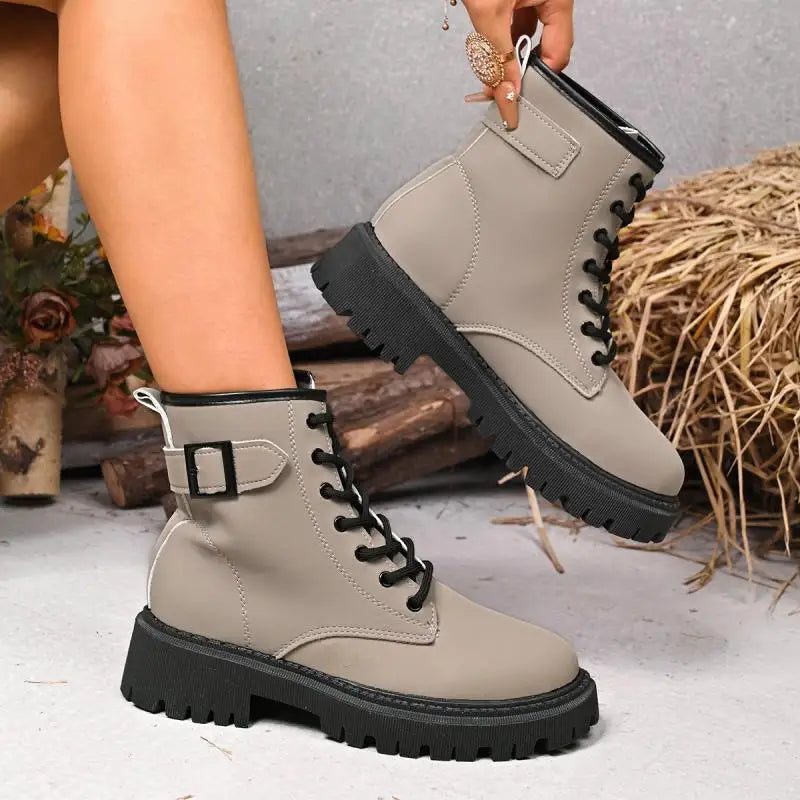 Chunky Platform Thick Heel Pink Ankle Boots Women 2025 Winter Punk Thick Bottom Lace Up Motorcycle Boots Metal Buckle Booties.