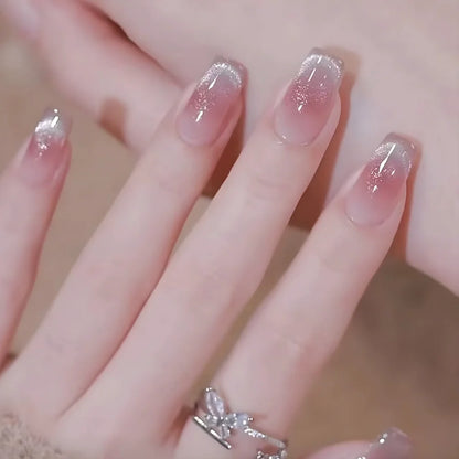 24Pcs Short False Nails with Shimmery Powder Ballet Nail Art Full Cover French Sheer Wearable Nail Manicure Tips for Girls Daily