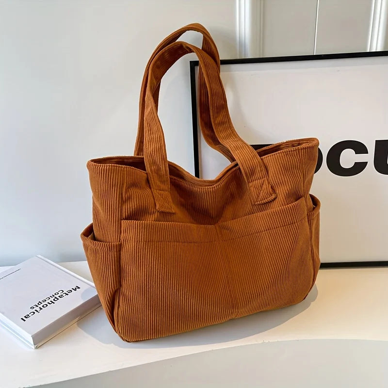 Women's Casual Corduroy Tote Bag Striped Shoulder Bag with Fixed Straps Zipper Large Capacity Handbag for Daily Outings and Shop.