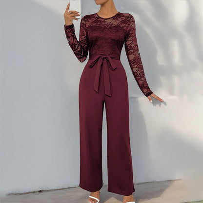 Spring New Women's Sexy Lace Spliced Long Jumpsuit Fashion Solid Color Hollow Long Sleeve Casual Laces Wide Leg Jumpsuit Women