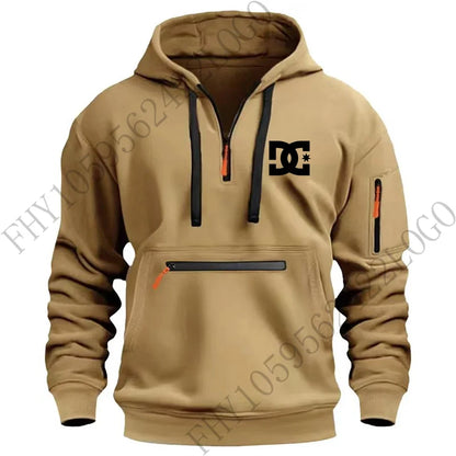 New men's hooded sportswear for autumn and winter 2025, long-sleeved multi-zipper pocket outdoor fishing casual pullover.