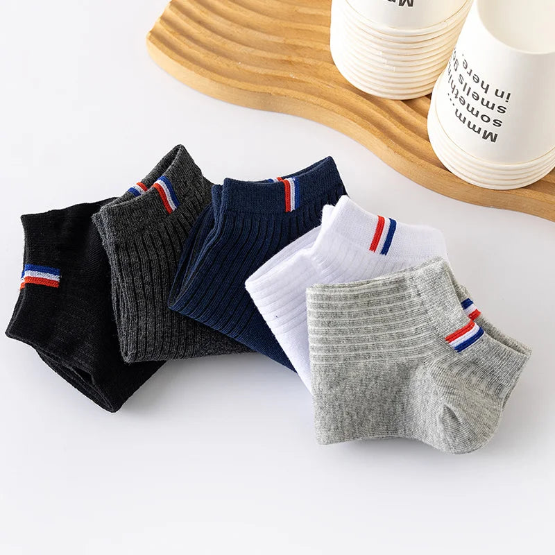 5 Pairs Of Thin Summer Blending Boat Socks Plain Color Mens Casual Socks Breathable Sweat Absorbing Calibration Socks.