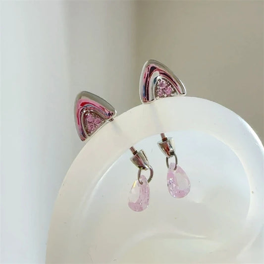 Silver Color Cat's Ear Droplet Shaped Zircon Stainless Steel Ear Bone Nail Earring for Women New Trendy Body Piercing Accessorie.