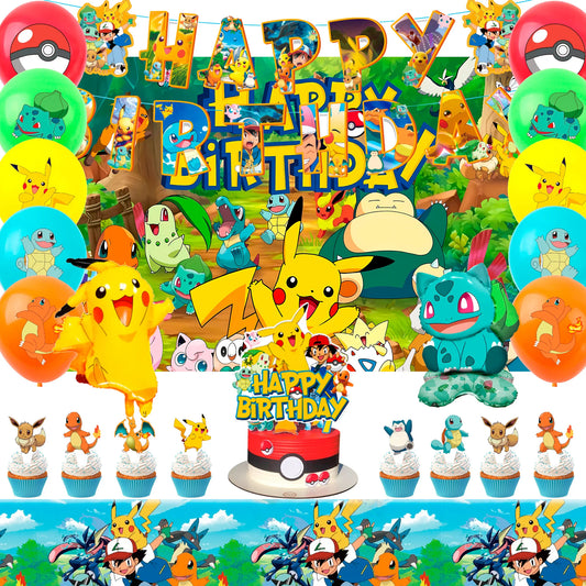 Pokemon-Geburtstagszubehör, 38-teilige Pokemon-Dekorationen – Pokemon-Banner, Luftballons, Tischdecke usw. Pikachu-Partydekorationen.