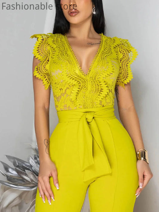 Women's Sexy Sleeveless Lace Patchwork Jumpsuits Solid Color Hollow Out Belted Wide Leg Rompers.