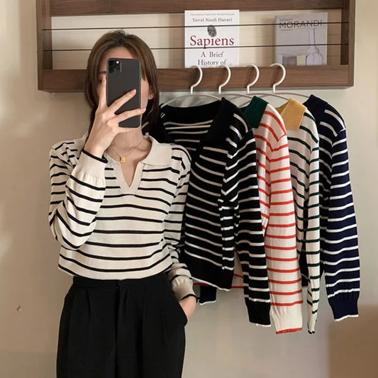 Gestreifter V-Ausschnitt Pullover Polo-Pullover Damen Frühherbst lässig All-Match-Tops Langarm Strick pullover Pullover Pullover