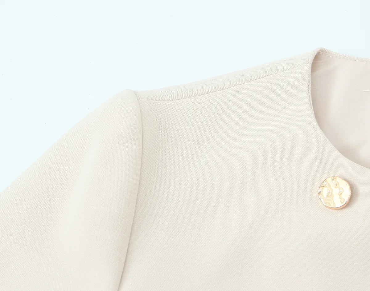 HH Women Solid Pant Set Long Sleeve O-Neck Double-Breasted Blazers+High Waist Chain Matching Side Zipper Trousers Sets.