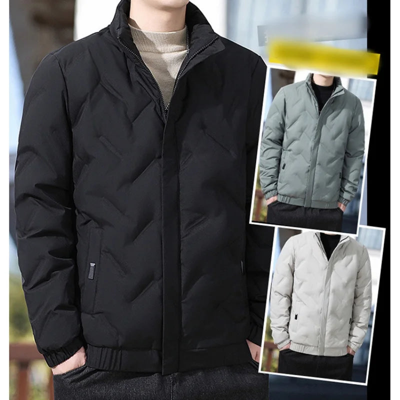 Men's winter standing collar cotton jacket with diamond grid pattern warm jacket, casual solid color fashionable simple jacket.