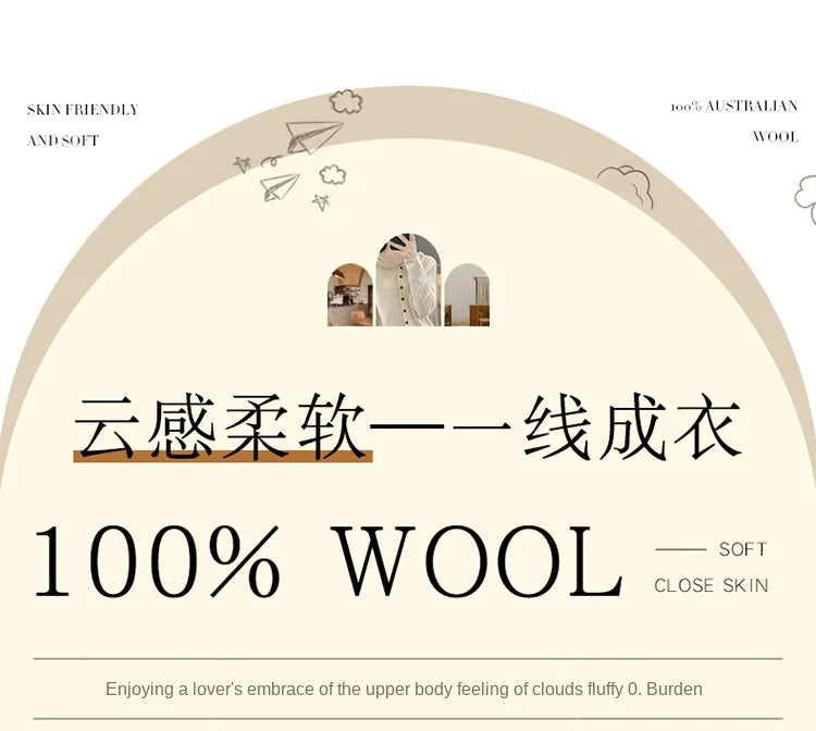 2025 100% Merino Wool Sweater Elegant Cashmere Pullover Women Pile Collar Long Sleeve Knitwear Basic Clothing  Jumper Tops.