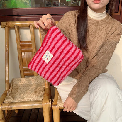 New Colorful Striped Dot Plush Clutch Cosmetic Bag Large Capacity Makeup Pouch Toiletries Bag Travel Outdoor Makeup Storage.