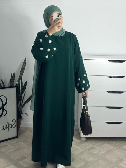Eid Muslim Dubai Dresses for Women abaya Jalabiya Floral Embroidery Ramadan Morocco Dubai Robe Abayas Kaftan Islam Vestidos 2024.