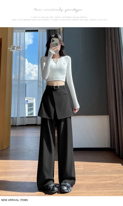 Design Style Fake Two-piece Curtain Suit Pants Women Fall High Waisted Wide Leg Trouser Office Ladies High Quality Straight Pant.